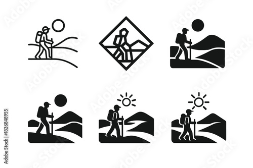 Traveler Icon Variations. Person walking through a barren landscape. Icon set. Set Logo of barren landscape: lone traveler with backpack. harmonious logo