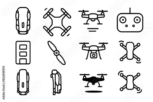 Foldable Drone Icons. Foldable Drones. Line icon set of Foldable Drones: folded drone, quadcopter, drone in flight, drone controller, drone battery, drone