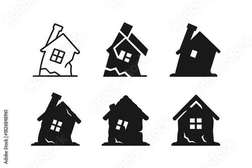 Abandoned House Logos. Dilapidated house with no sign of life. Icon set. Set Logo of abandoned home: leaning chimney. harmonious logo variations of the same