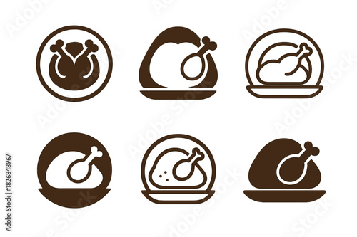 Roasted Chicken Icons. Preparing a roasted chicken with a side of mashed potatoes. Icon set. Set Logo of roasted chicken meal: chicken drumsticks and mashed