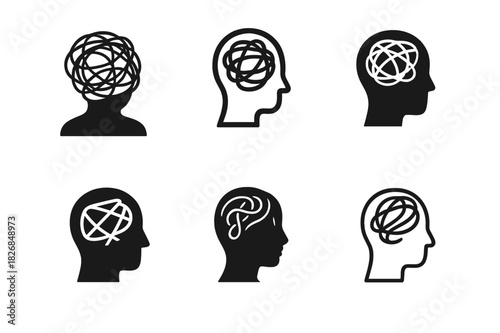 Tangled Hair Icons. Tangled hair. Icon set. Set Logo of tangled hair: Head with messy outline. harmonious logo variations of the same emblematic concept, each