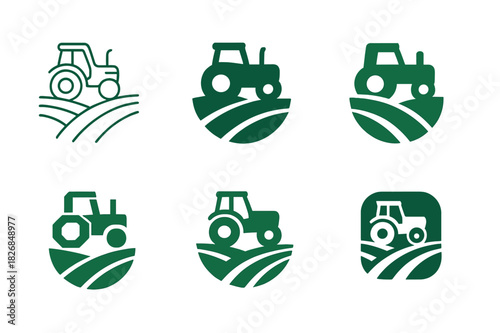 Sustainable Farming Icons. Sustainable farming practices. Icon set. Set Logo of sustainable farming: tractor on green field. harmonious logo variations of the
