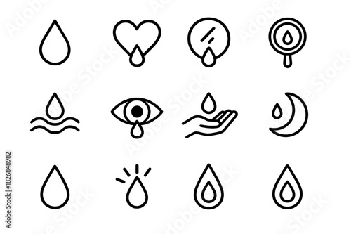 Tear Symbol Icons. Tear symbolism. Line icon set of tear symbolism: teardrop, heart, broken circle, mirror, reflection, wave, eye, hand, moon, droplet, light