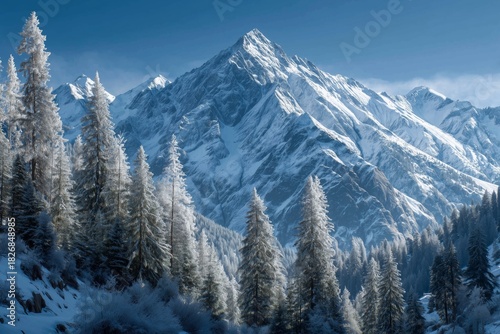 Stunning Snow-Covered Mountains Rise Against a Clear Blue Sky at Winters Peak