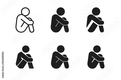 Emotional Pain Logos. Emotional Pain. Icon set. Set Logo of Emotional Pain: person hugging knees. harmonious logo variations of the same emblematic concept,
