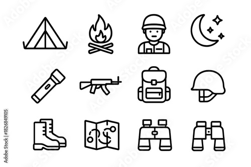 Military Camp Icons. Military camp at night. Line icon set of military camp at night: tent, campfire, soldier, flashlight, moon, stars, rifle, backpack,