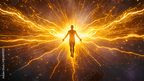 Silhouette of a human figure surrounded by bright golden energy, cosmic light rays. Symbolizing enlightenment, transformation, spiritual awakening. For sci-fi, spirituality, futuristic art, metaphysic