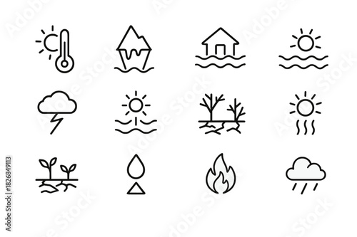 Climate Hazard Icons. Climate-related hazards. Line icon set of climate-related hazards: rising temperature, melting glacier, floodplain, drought symbol,