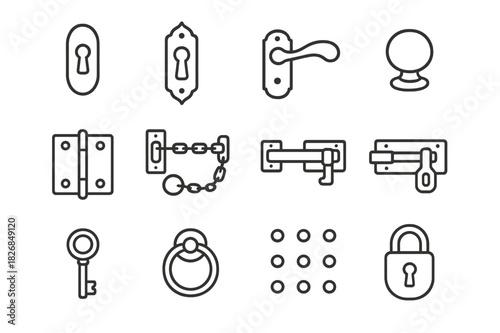 Antique Door Icons. Antique door hardware. Line icon set of antique door hardware: keyhole, lock plate, handle, knob, hinge, chain, bolt, latch, key, ring