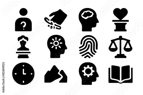 Philosophical Icon Set. Philosophical themes. Solid icon set of Philosophical themes: existence, free will, knowledge, morality, beauty, truth, consciousness,