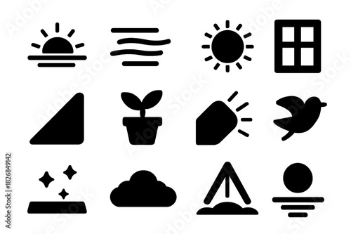 Early Morning Icons. Early morning. Solid icon set of Early morning: sunrise, mist, sun icon, window, shadow, plant, calm floor, soft rays, bird, sky, light