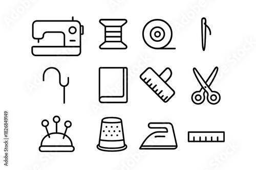 Sewing Essentials Icons. Sewing machine setup. Line icon set of sewing machine setup: sewing machine, spool, bobbin, needle, thread guide, fabric, pedal,