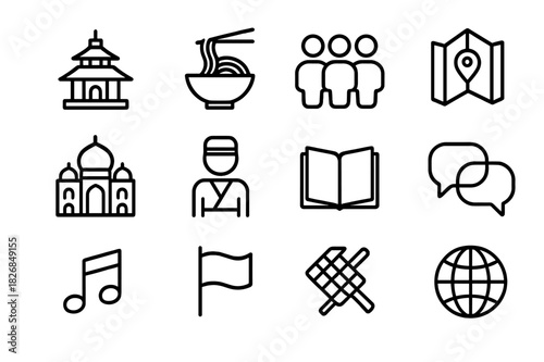 Cultural Icon Set. Cultural immersion. Line icon set of cultural immersion: temple, local food, people group, map, landmark, traditional dress, book,