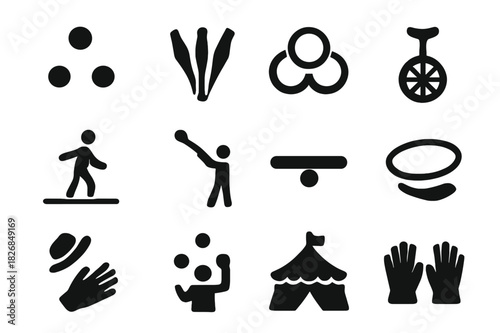 Circus Skills Icons. Circus Performance Skills. Solid icon set of juggling balls, clubs, rings, unicycle, tightrope, baton, balance board, hula hoop, hat toss,