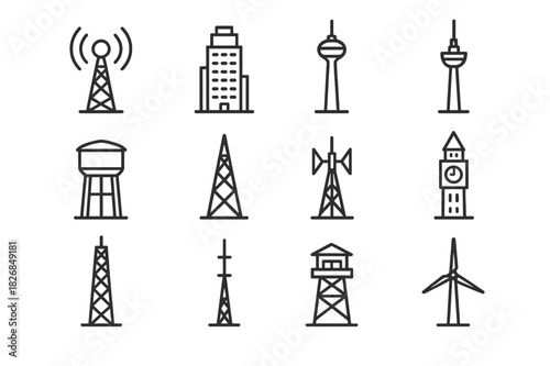 Urban Tower Icons. Urban multifunction towers. Line icon set of Urban multifunction towers: communication tower, office skyscraper, mixed-use high-rise,