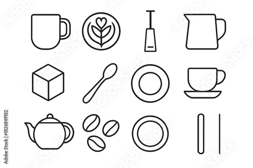 Coffee Icon Set. Coffee lifestyle. Line icon set of Coffee lifestyle: coffee mug, latte art, frother, milk jug, sugar cube, spoon, saucer, espresso cup,