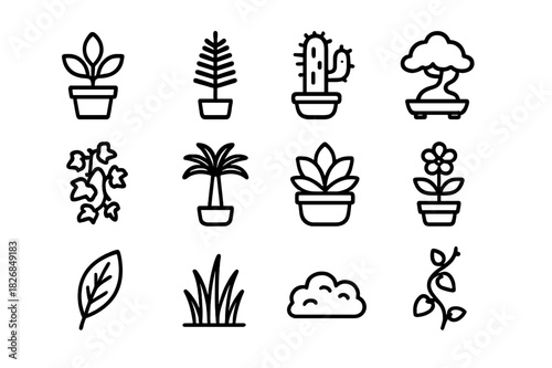 Indoor Plant Icons. Indoor plants. Line icon set of Indoor plants: potted plant, fern, cactus, bonsai, ivy, palm, succulent, flowering plant, moss, leaf,