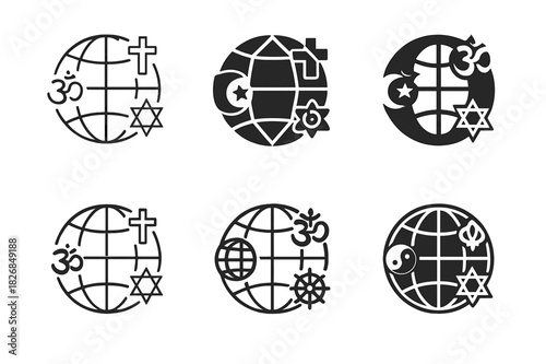 Religion and Culture Icons. The role of religion in shaping cultures. Icon set. Set Logo of religion and culture: world with faith symbols. harmonious logo