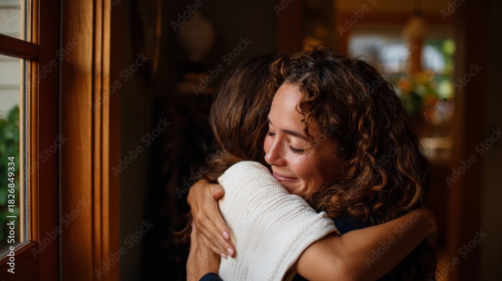 Fototapeta premium Woman hugging another person indoors.