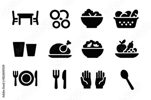 Family Meal Icons. Family meals. Solid icon set of Family meals: dinner table, multiple plates, shared bowl, bread basket, beverage cups, roast meat, salad,