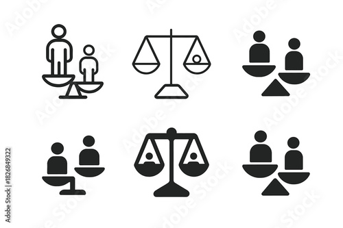 Social Risks Icons. social risks. Icon set. Set Logo of social risks: inequality scale. harmonious logo variations of the same emblematic concept, each with