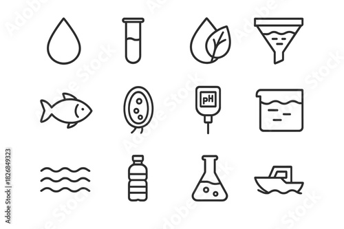 Water Management Icons. Water quality management. Line icon set of water quality management: droplet, test tube, leaf, filter, fish, algae cell, pH meter,