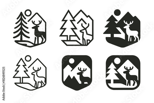 National Park Icons. visiting national parks and protected areas. Icon set. Set Logo of visiting national parks and protected areas: forest and wildlife scene.