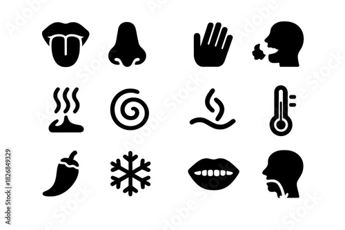 Sensory Icon Set. Sensory experience. Solid icon set of Sensory experience: tongue, nose, texture hand, crunchy bite, aroma icon, flavor swirl, mouthfeel,