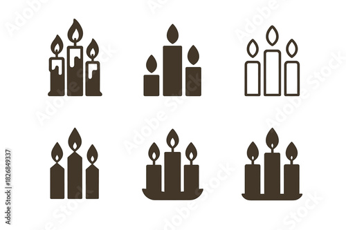 Candle Logo Variations. Candle Light. Icon set. Set Logo of Candle Light: trio of candles. harmonious logo variations of the same emblematic concept, each with