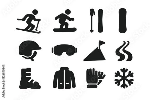 Winter Sports Icons. Winter sports. Solid icon set of Winter sports: skier, snowboarder, ski poles, snowboard, helmet, goggles, slope, snow trail, boots,