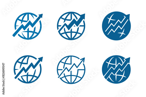 Stock Market Logos. Stock markets and financial trading floors. Icon set. Set Logo of stock markets and financial trading floors: Globe with stock arrows.