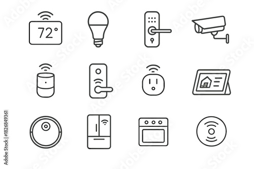 Smart Home Icons. Smart Home Devices. Line icon set of Smart Home Devices: smart thermostat, smart light bulb, smart door lock, security camera, smart speaker,