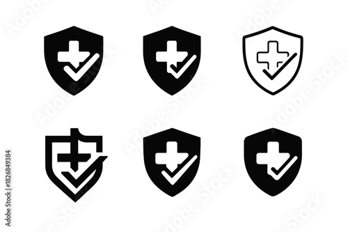 Health Audit Logos. Health Audits. Icon set. Set Logo of Health Audits: shield with medical checkmark. harmonious logo variations of the same emblematic