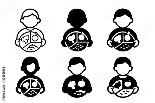 Child Obesity Prevention Icons. childhood obesity prevention. Icon set. Set Logo of childhood obesity prevention: child with balanced plate icon. harmonious
