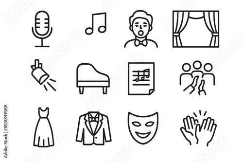 Opera Icon Set. Opera singer. Line icon set of opera singer: microphone, music note, performer, stage curtain, spotlight, grand piano, sheet music, audience,