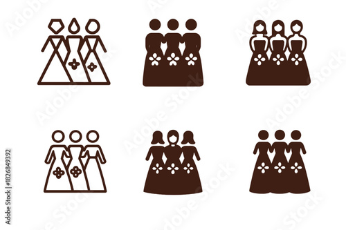 Bridesmaids Logo Designs. Bridesmaids in matching dresses. Icon set. Set Logo of bridesmaids in matching dresses: Dresses with floral accents. harmonious logo