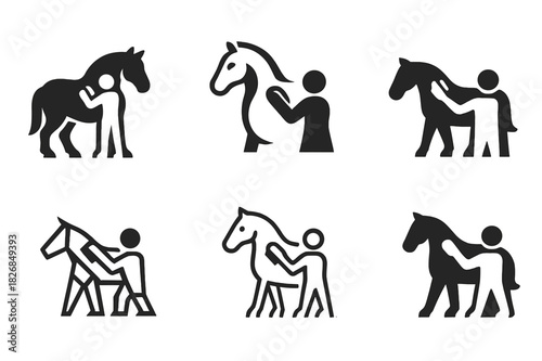 Farming Animal Icons. farming animals in action. Icon set. Set Logo of farming animals in action: horse being groomed. harmonious logo variations of the same