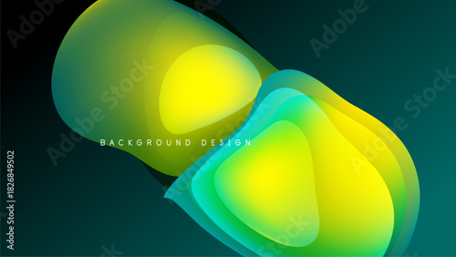 Abstract fluid shapes overlap, creating vibrant yellow, green gradients. Dark background emphasizes luminous forms. Modern design element.