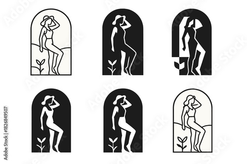 Fashion Iconography Grid. model on location. Icon set. Set Logo of model on location: fashion model pose outdoors. harmonious logo variations of the same