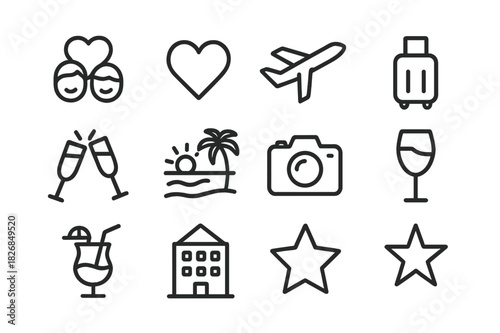 Romantic Travel Icons. Travel romance. Line icon set of travel romance: couple, heart, airplane, luggage, champagne, sunset, beach, camera, wine glass,