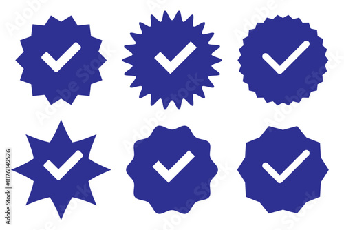 Blue Verified badge icon set. Blue tick check with social media account icon. Set of check mark icons. approved profile sign. white tick in blue circle. Social media official account tick symbol
