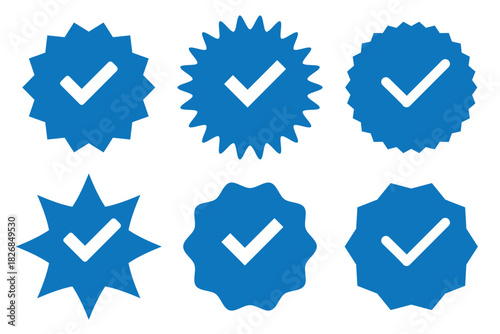Blue Verified badge icon set. Blue tick check with social media account icon. Set of check mark icons. approved profile sign. white tick in blue circle. Social media official account tick symbol