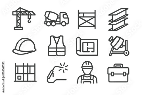 Construction Icon Set. Construction process. Line icon set of Construction process: crane, cement truck, scaffolding, steel beams, hard hat, safety vest,