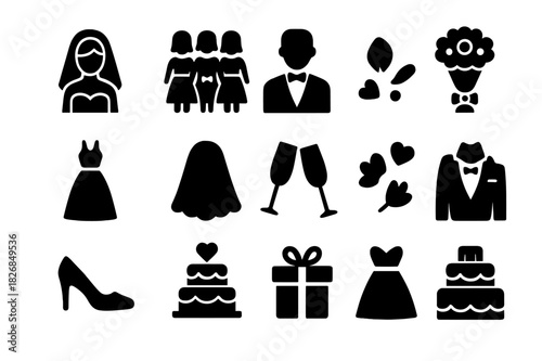 Wedding Icon Set. Wedding celebration. Solid icon set of Wedding celebration: bride, bridesmaids, groom, bouquet, wedding dress, veil, champagne glasses,