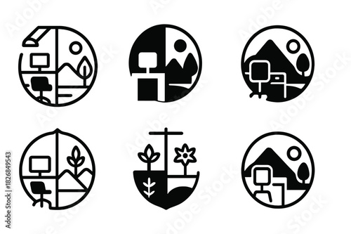 Work-Life Balance Icons. Work-life balance and managing burnout. Icon set. Set Logo of work-life balance: Work desk fading into peaceful nature. harmonious