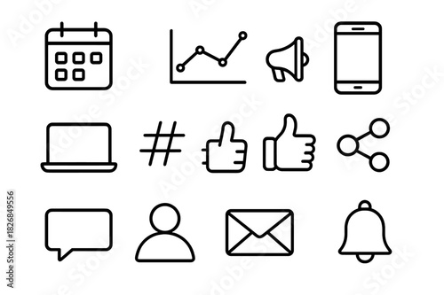 Marketing Icons Grid. Marketing campaign overview. Line icon set of Marketing campaign overview: calendar, analytics graph, megaphone, smartphone, laptop,
