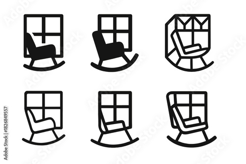 Rocking Chair Logos. Rocking chair by the window. Icon set. Set Logo of rocking chair: cozy reading chair by window. harmonious logo variations of the same
