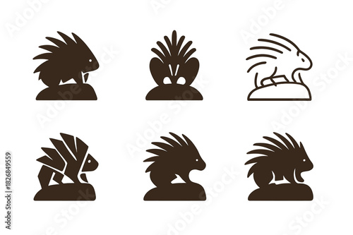 Porcupine Logo Variations. Porcupine. Icon set. Set Logo of porcupine: Porcupine standing on rock. harmonious logo variations of the same emblematic concept,