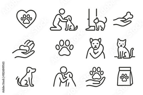 Kindness to Animals Icons. Kindness to animals. Line icon set of kindness to animals: heart with paw, person petting dog, cat rubbing leg, food handout, gentle