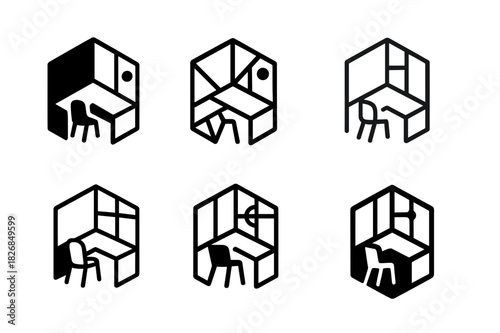 Home Office Redesign Icons. redesigning a home office space. Icon set. Set Logo of redesigning a home office space: corner desk with natural light. harmonious